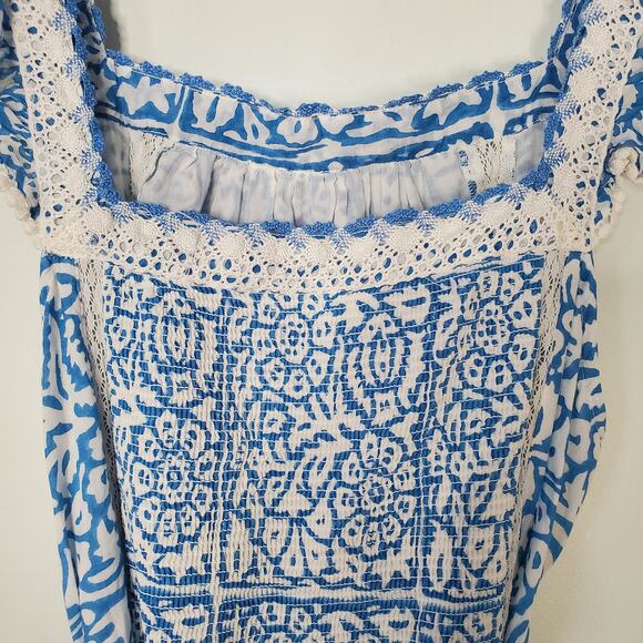 Roller Rabbit Mar Zarela Fit and Flare Midi Dress Blue White Cotton Size Large - Picture 7 of 13